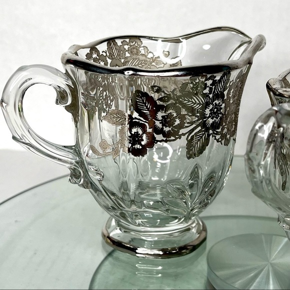Fostoria Baroque Cream and Sugar with Silver Overlay of Wild Roses Elegant Glass - Picture 8 of 13